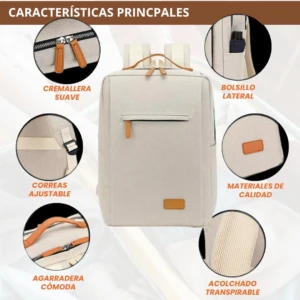 Mochila beige con cremallera suave, bolsillo lateral, correas ajustables, materiales de calidad, agarradera cómoda y acolchado transpirable.