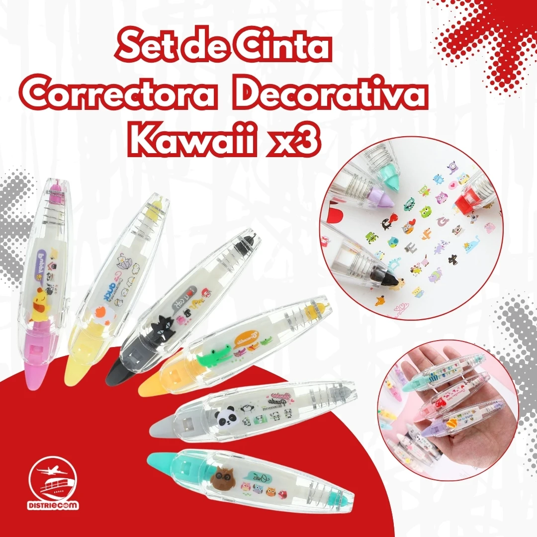 Set de tres cintas correctoras decorativas kawaii con figuritas 3D, colores pastel y diseños divertidos, ideales para corregir y decorar cuadernos.