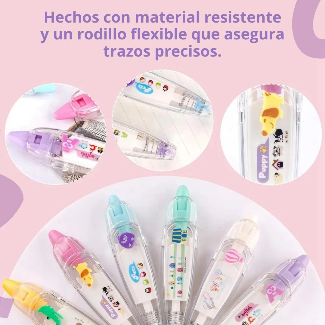 Cinta correctora decorativa kawaii con figuritas 3D en colores pastel, mostrando detalles de diseño y uso en cuadernos.