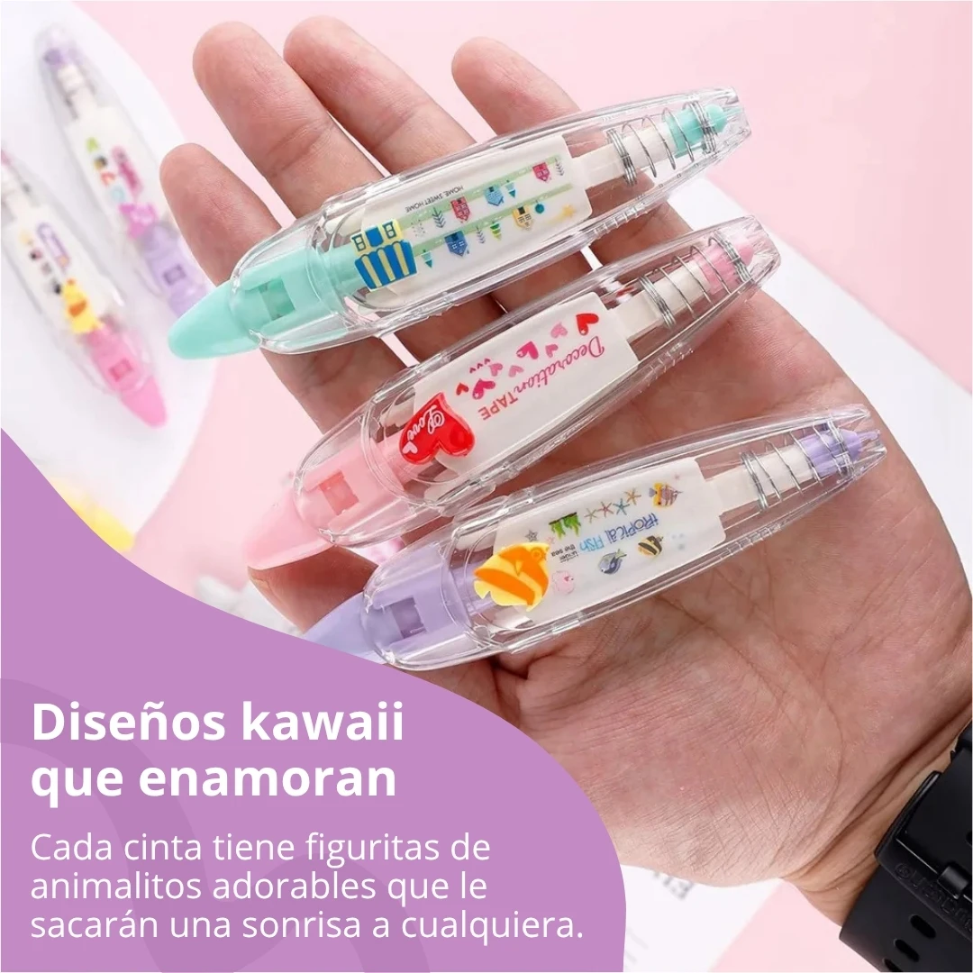 Tres cintas correctoras decorativas kawaii con figuritas 3D, en mano, mostrando diseños variados de colores pastel y detalles divertidos para cuadernos.