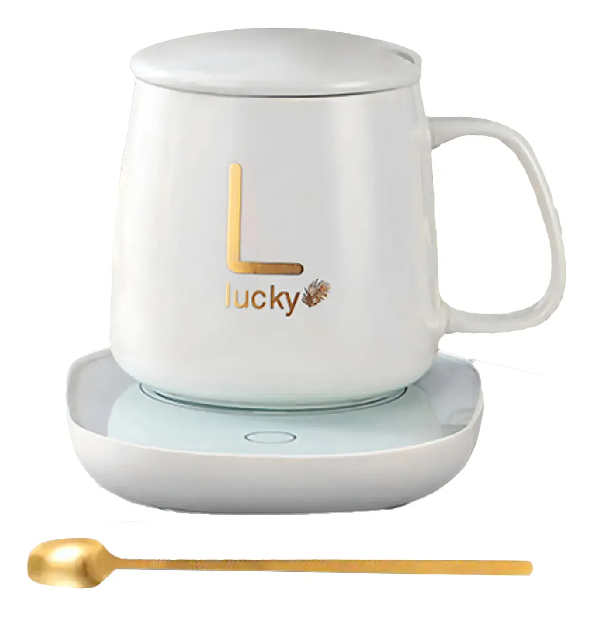 Termo eléctrico de cerámica blanca con base calefactora, incluye taza con asa, logo dorado y cuchara metálica.