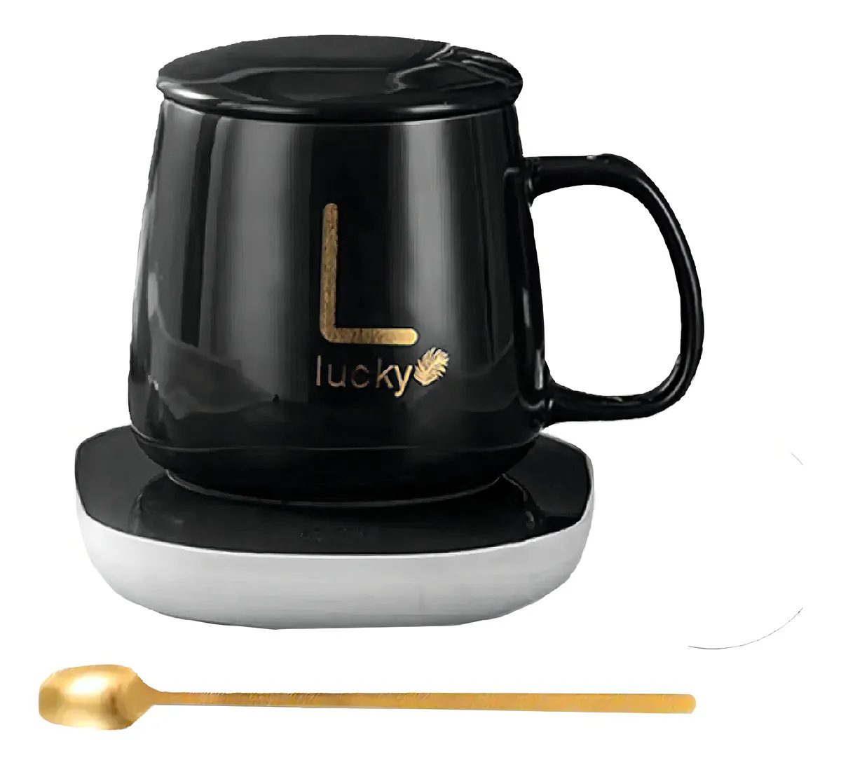 Termo eléctrico de cerámica negro con base calefactora blanca, asa integrada, tapa ajustable y logo dorado "Lucky". Incluye cuchara dorada.