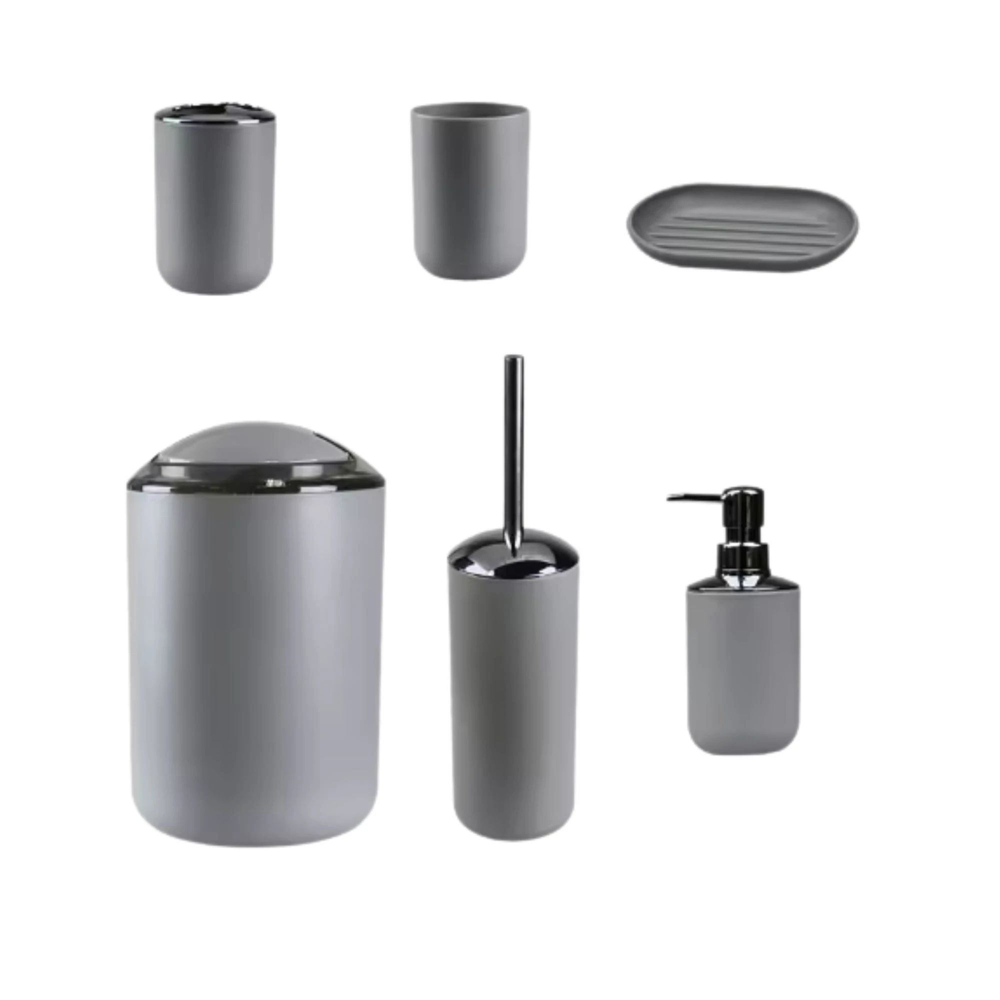 Set de baño gris mate con acabados metálicos: cubo de basura, portarrollos, jabonera, cepillo de inodoro y bandeja de jabón.