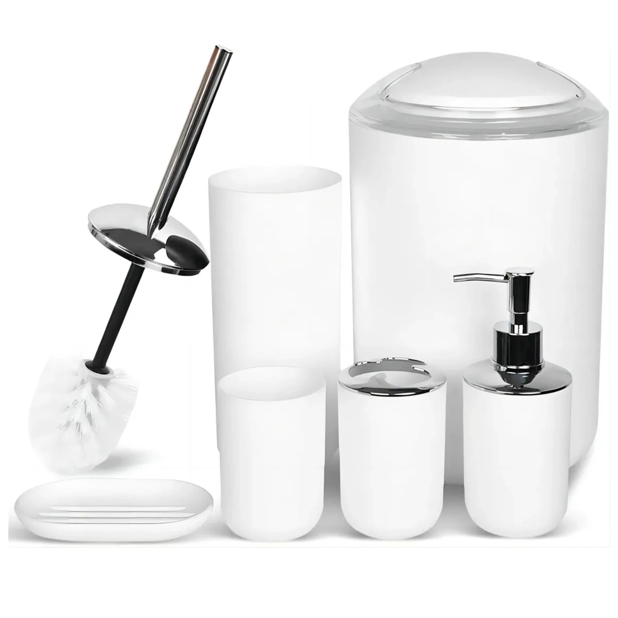 Set de baño blanco con acabados metálicos: portabrochas, dispensador, cepillo, taza, porta toallas y jabonera.