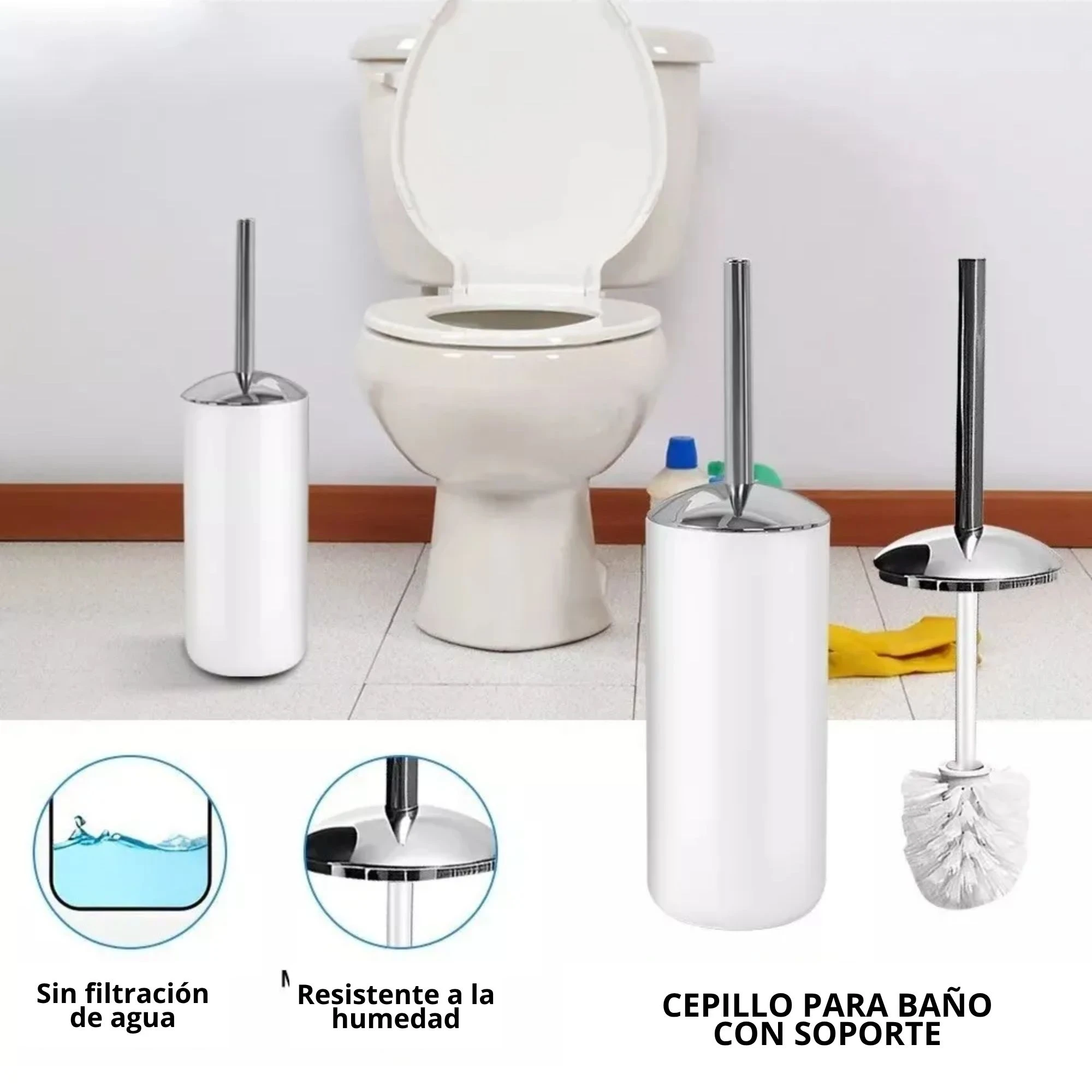 Set de baño con soporte metálico y cepillo de cerdas blancas, incluye contenedor cilíndrico blanco y base con filtro antihumedad.