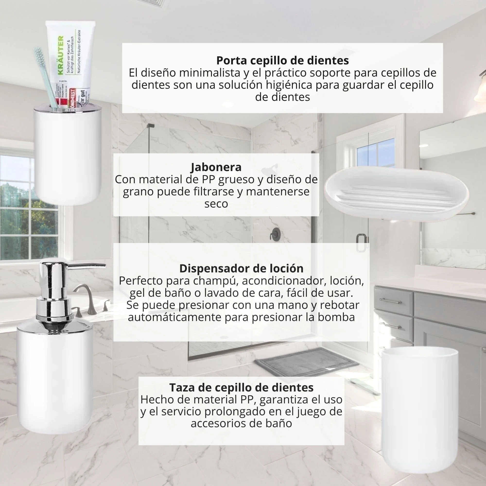 Set de baño blanco con dispensador metálico, portacebo y jabonera; ideal para organizar accesorios en baño moderno.