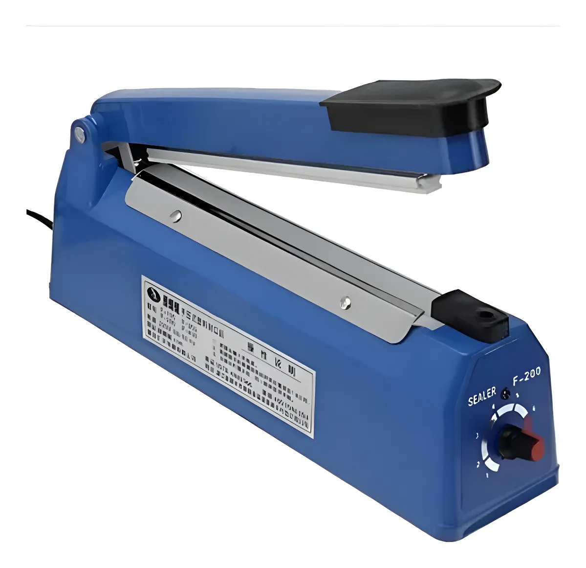 Selladora al vacío profesional F-200 en color azul con mango negro, base metálica y panel de control con temporizador y dial de ajuste.