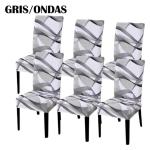 Set de seis fundas elásticas para sillas de comedor con diseño ondulado en gris y blanco, ajuste firme y patas negras visibles.