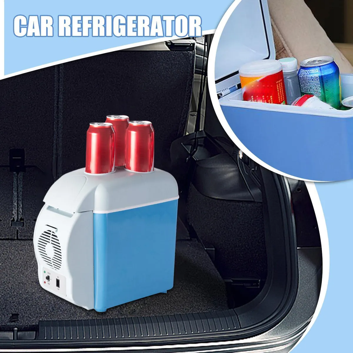Mini nevera azul y blanca para carro, con tres latas rojas encima, mostrando su uso en maletero y detalle de bebidas dentro.