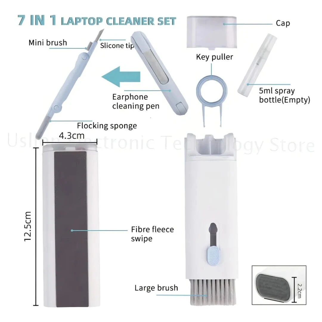 Set de limpieza para tecnología con cepillos, esponja flocada, spray vacío y accesorios desmontables; incluye medidas 12,5 cm de altura y 4,3 cm de ancho.