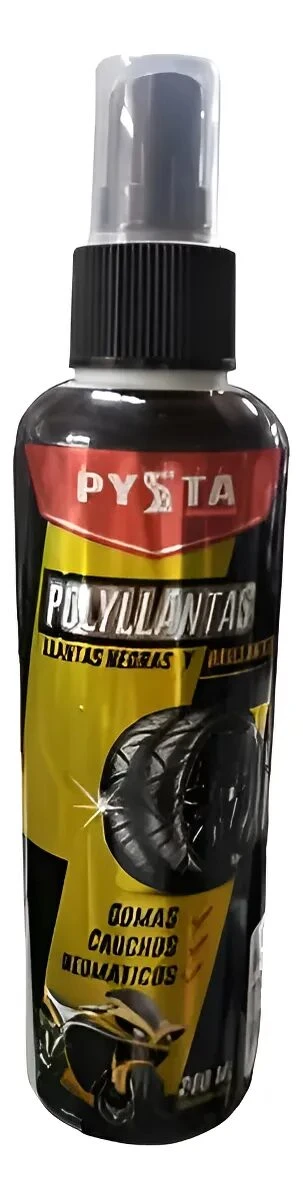 Spray Pysta Polyllantas de 200 ml para brillo de neumáticos, envase negro con etiqueta amarilla y roja que muestra un neumático.