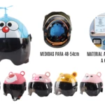 Casco infantil con visor oscuro y diseño de personajes animados, disponible en múltiples colores y tamaños ajustables de 48 a 54 cm, fabricado en material ABS resistente a golpes.