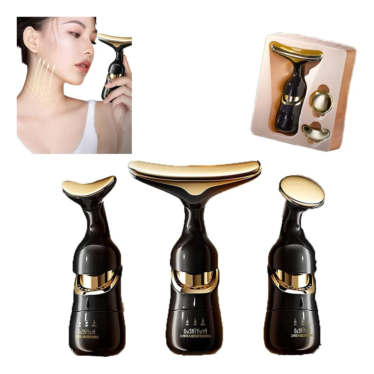 Masajeador facial 3 en 1 con calor, cabezas intercambiables doradas y negro, incluye estuche de regalo y accesorios.