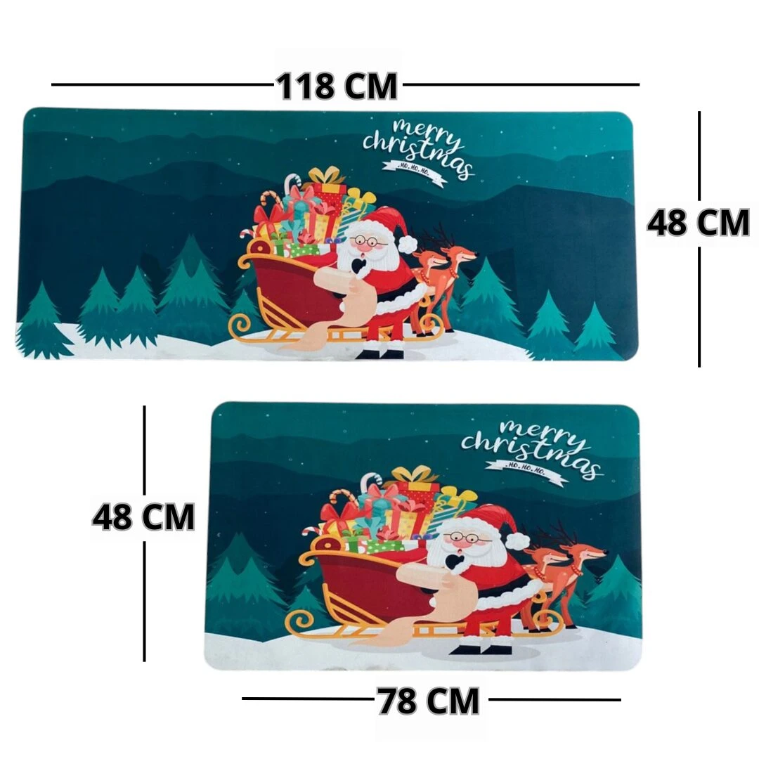 Tapete de cocina antideslizante con diseño navideño de Santa Claus en trineo, con medidas de 118 x 48 cm y variante de 78 x 48 cm.