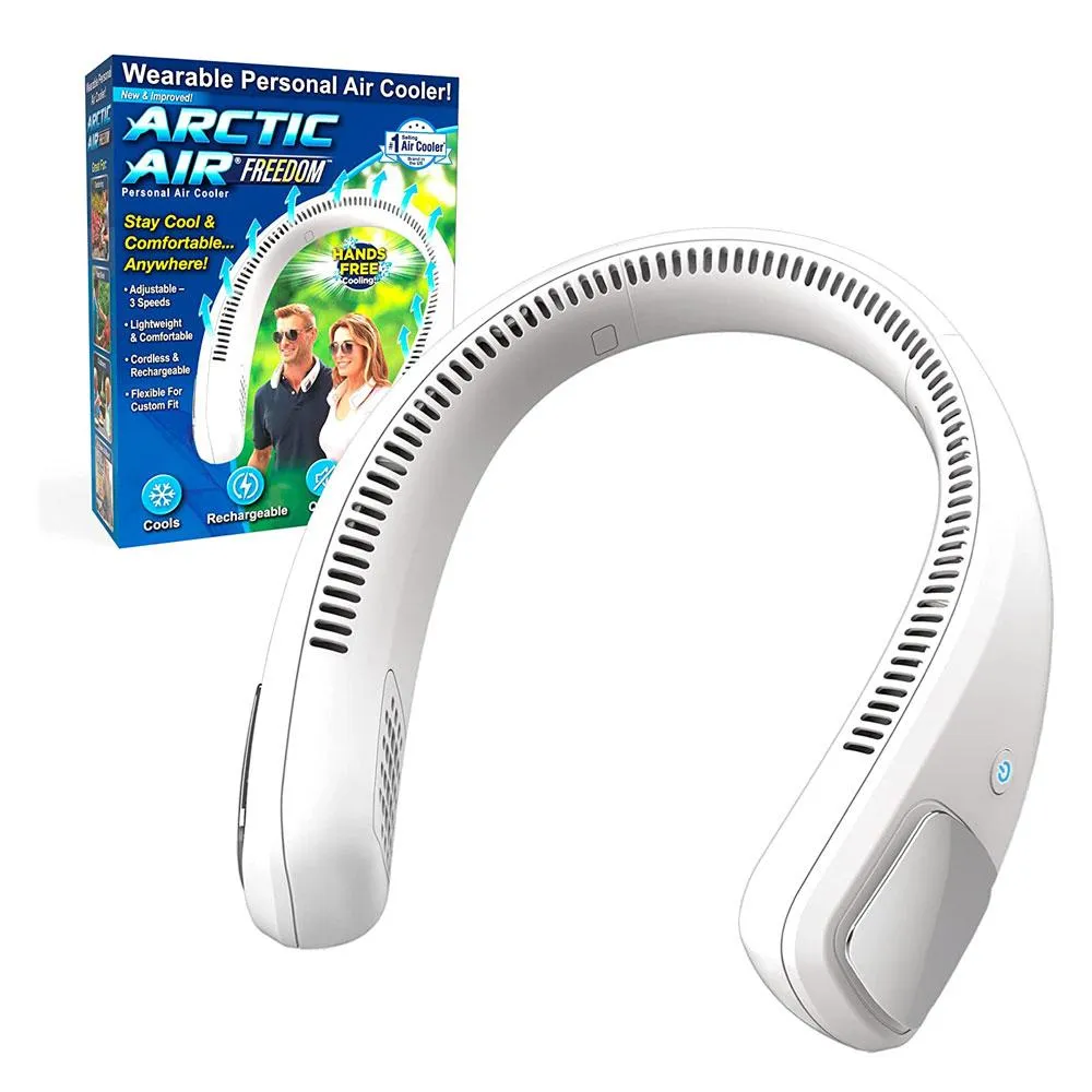 Neck cooler blanco con caja de presentación, diseño ergonómico y ventilación lateral visible.