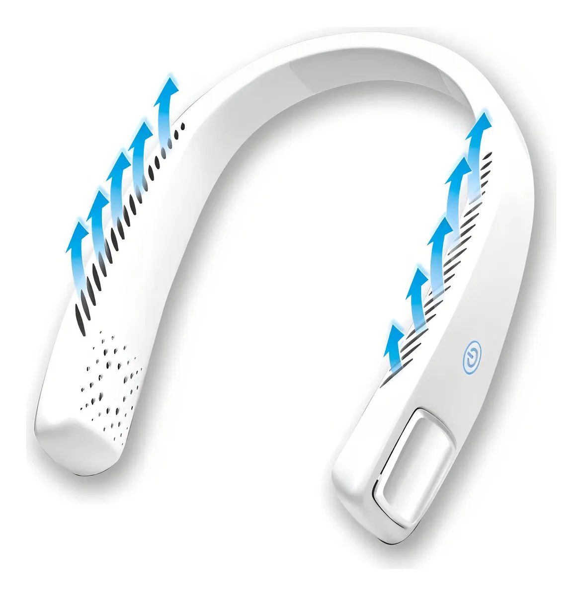 Neck fan blanco con diseño ergonómico, ventilación lateral y flechas azules indicando flujo de aire frío hacia arriba.