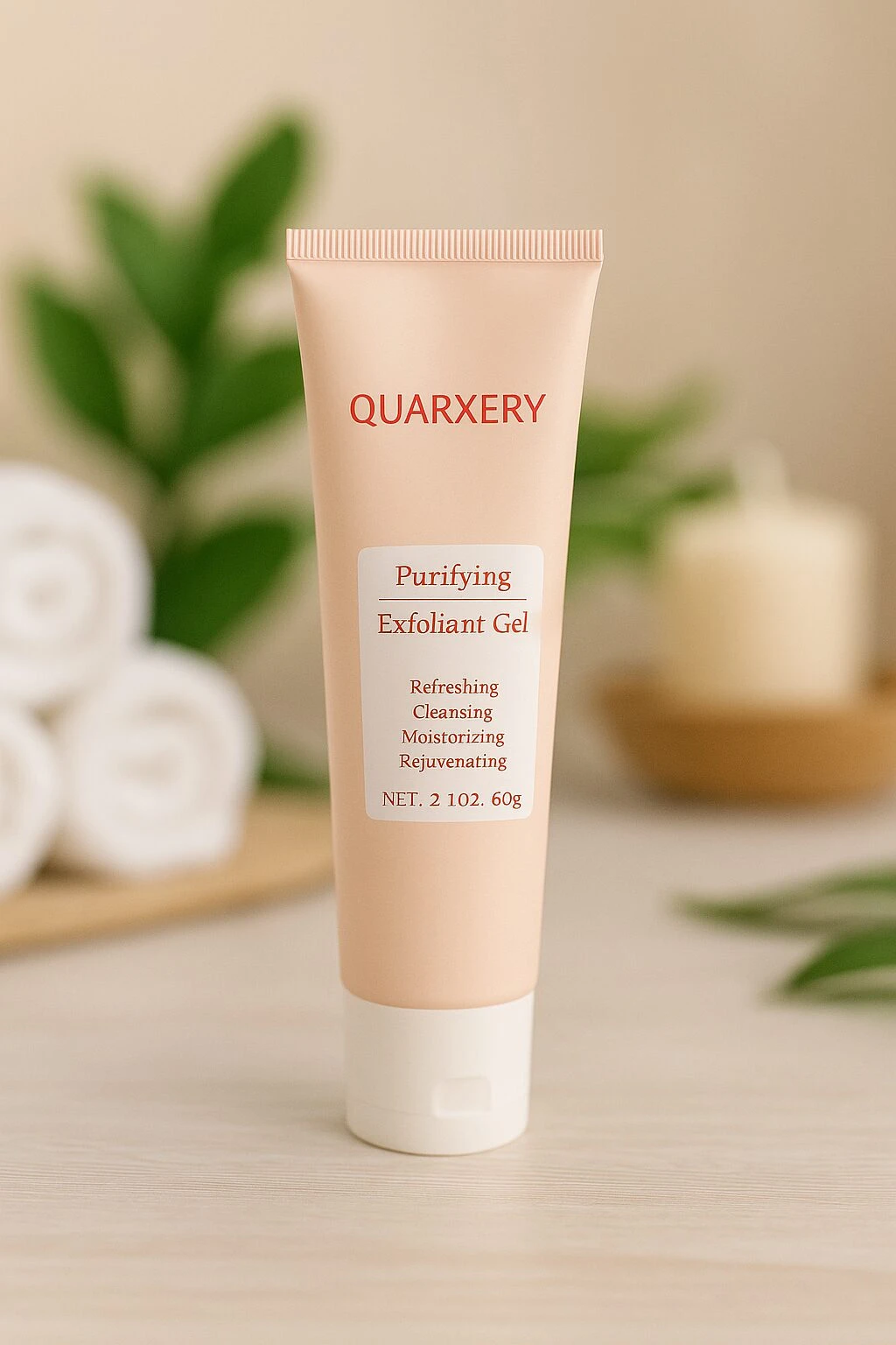 Tubo de gel exfoliante de color rosa pálido con tapa blanca, sobre superficie clara. Fondo con toallas enrolladas y velas.