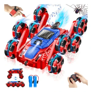 Carro rojo con ruedas móviles y luces, controlado por mando a distancia. Incluye batería recargable y accesorios. Ideal para niños.