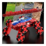 Carro a batería rojo con luces y música, diseñado para terrenos variados como césped, asfalto y arena.