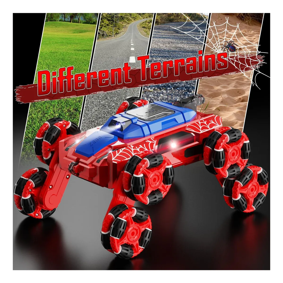 Carro a batería rojo con luces y música, diseñado para terrenos variados como césped, asfalto y arena.