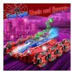 Carro a batería rojo con luces y música, diseño de araña, ruedas grandes y efectos de sonido y luz en ciudad nocturna.
