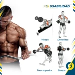 Barra Curl Bar EZ de 120 cm con diseño en ángulo, ideal para entrenar bíceps y tríceps con menor tensión articular. Incluye ilustraciones de músculos trabajados.