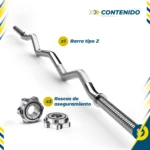 Barra curl tipo Z de acero cromado con diseño en ángulo para reducir tensión articular, acompañada de dos roscas de aseguramiento, ideal para entrenamiento de bíceps.