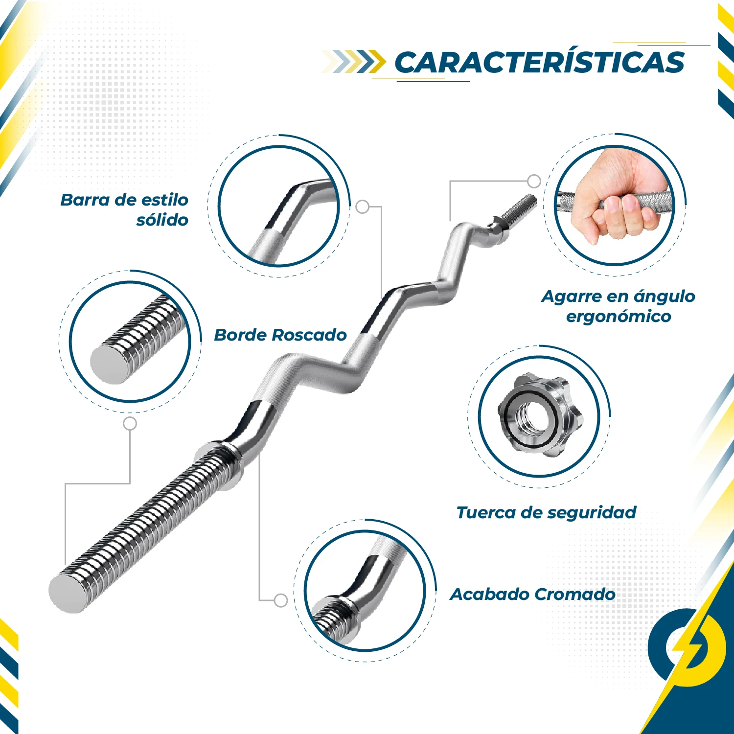 Barra curl EZ de 120 cm con acabado cromado, diseño en ángulo ergonómico y tuerca de seguridad. Incluye borde roscado y agarre sólido para entrenamiento de bíceps.