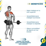 Barra Curl Bar EZ de 120 cm con diseño en ángulo, mostrando músculos activos del tren superior durante ejercicio de bíceps.