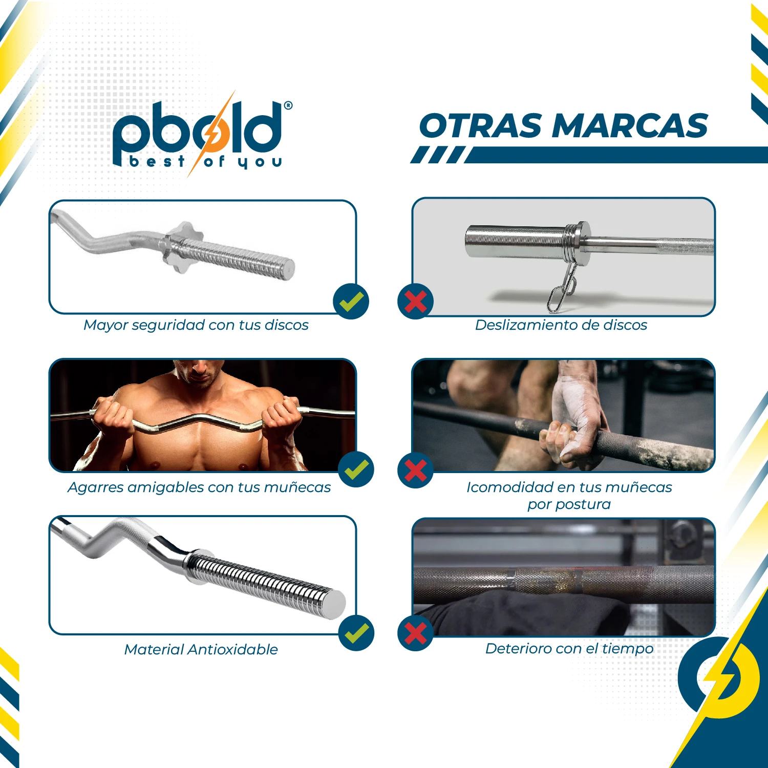 Barra Curl Bar EZ de 120 cm con diseño en ángulo, material antioxidable, agarres ergonómicos y mayor seguridad para discos.