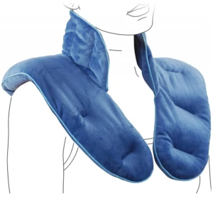 Bolsa terapéutica azul con textura suave, mostrando forma ergonómica para cuello y hombros, diseñada para aliviar dolor muscular y reducir estrés.