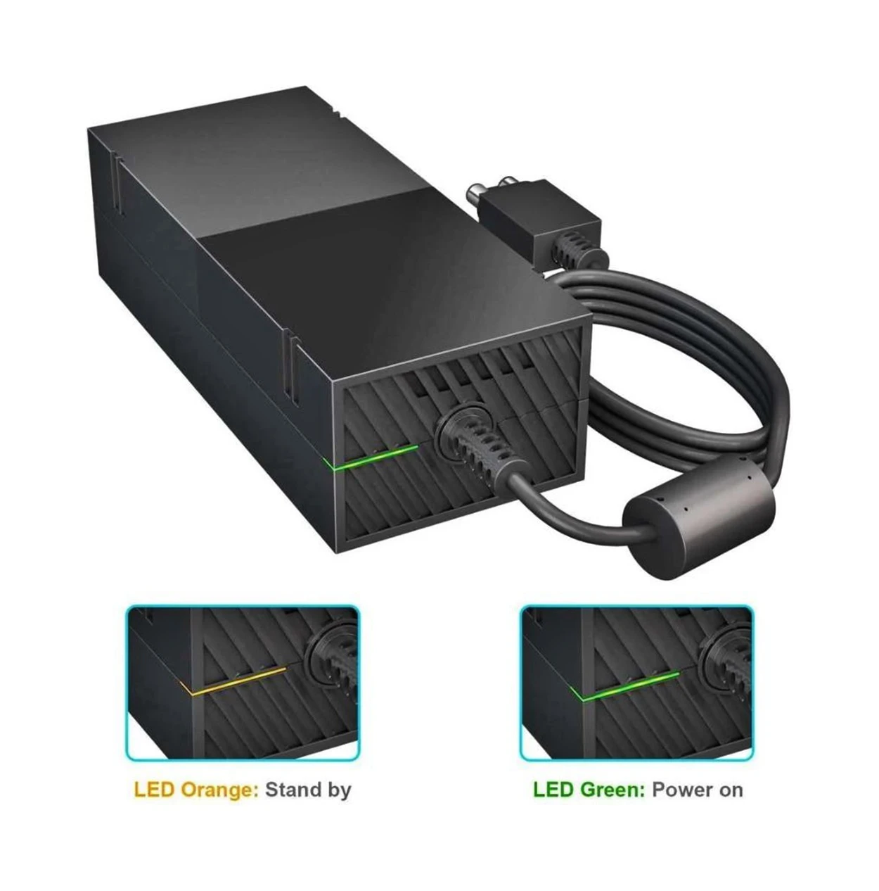 Fuente de alimentación externa negra para Xbox One, con cable enrollado y luces LED naranja en espera y verde encendido.