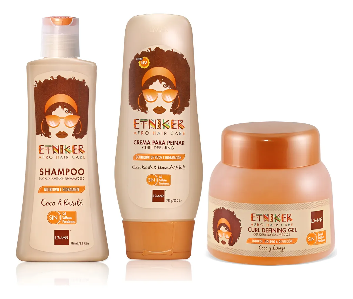 Kit de cuidado capilar Etniker con champú, crema para peinar y gel definidor de rizos en envases de color beige y naranja.