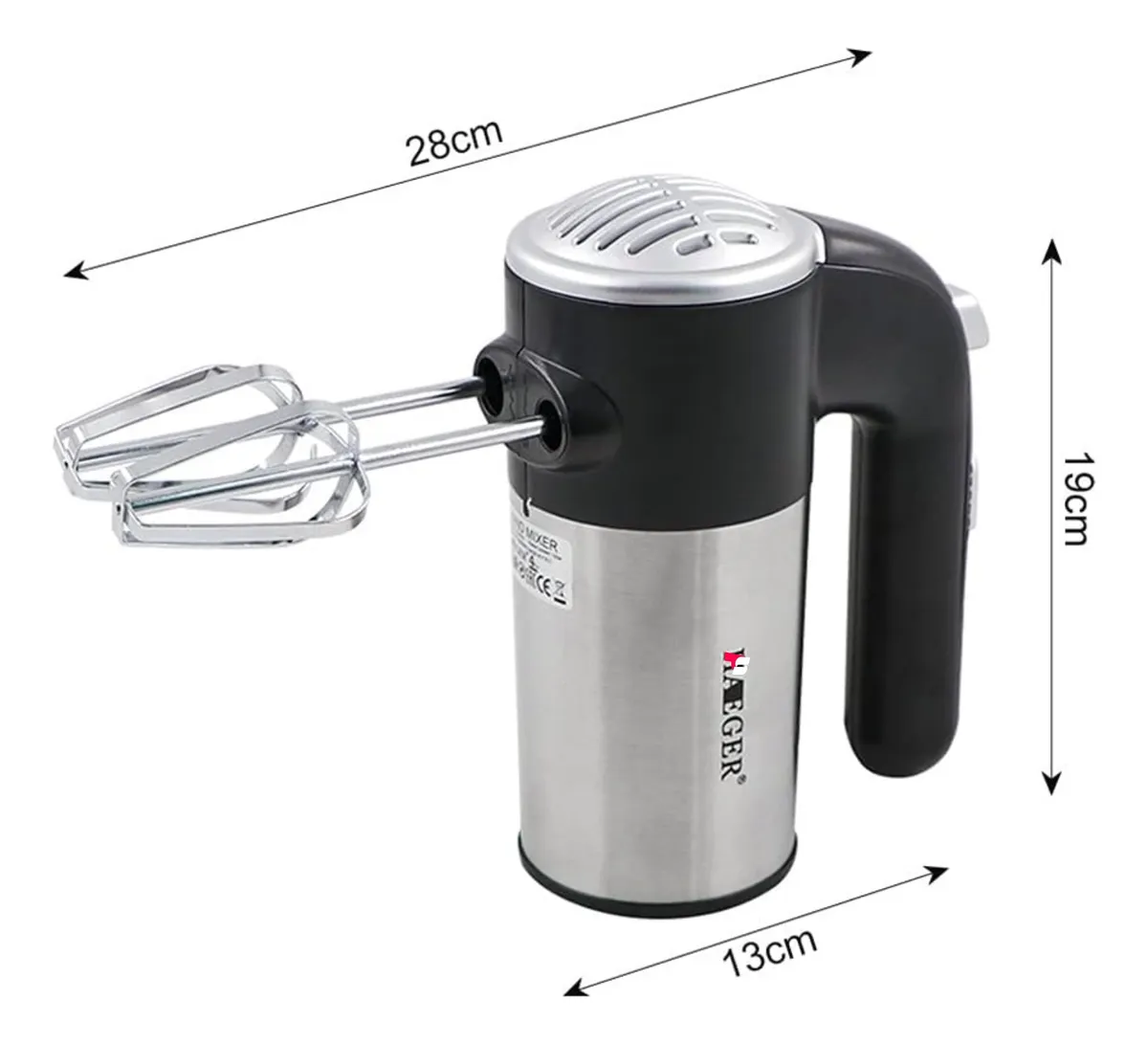 Batidora manual Gynipot de acero inoxidable y negro, con varillas metálicas y medidas de 28 cm de largo, 19 cm de alto y 13 cm de ancho.