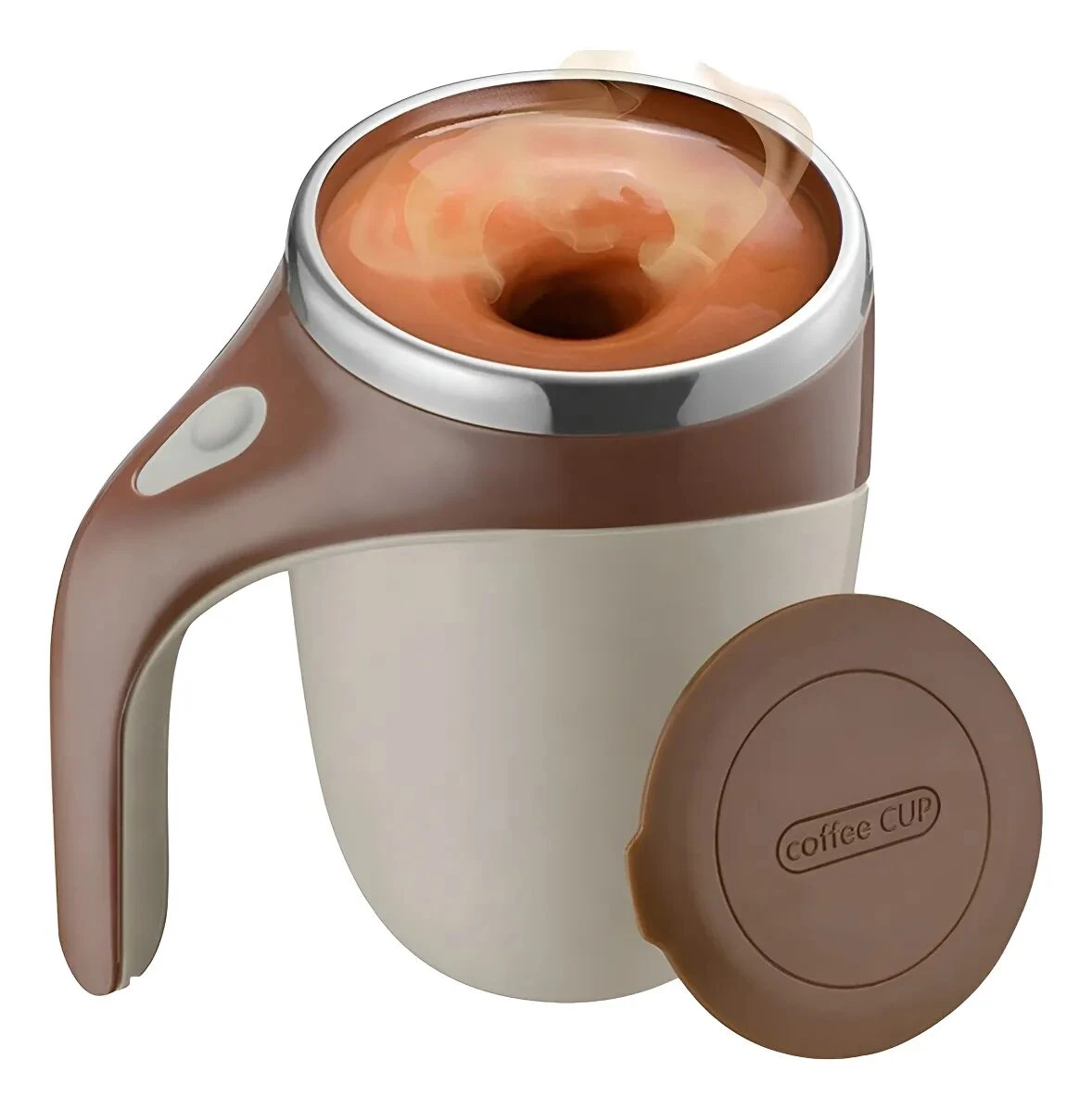 Batidora portátil en color café con tapa, mostrando mezcla de café y leche en su interior.