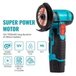 Pulidora angular inalámbrica 12V en color turquesa y negro, con disco de corte visible y detalles como bloqueo de eje y compatibilidad con baterías de 10.8V.