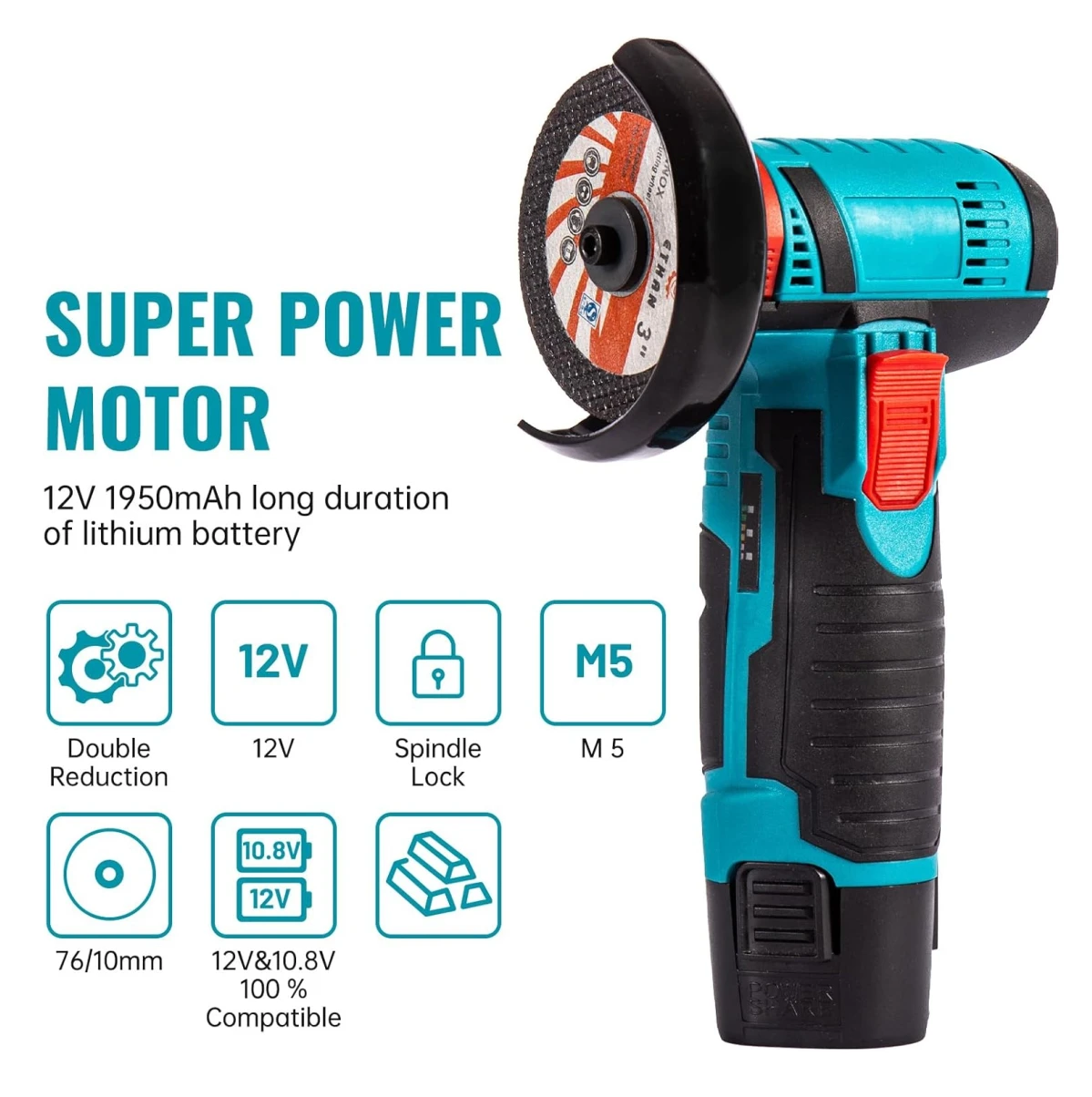 Pulidora angular inalámbrica 12V en color turquesa y negro, con disco de corte visible y detalles como bloqueo de eje y compatibilidad con baterías de 10.8V.