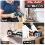 Pulidora angular inalámbrica en acción sobre metal, tubo y madera, con disco de corte visible y guantes de protección.
