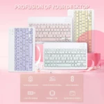 Teclado Bluetooth de 78 teclas en blanco y lila, con diseño compacto y acabado mate, ideal para escribir notas o ensayos en múltiples dispositivos.