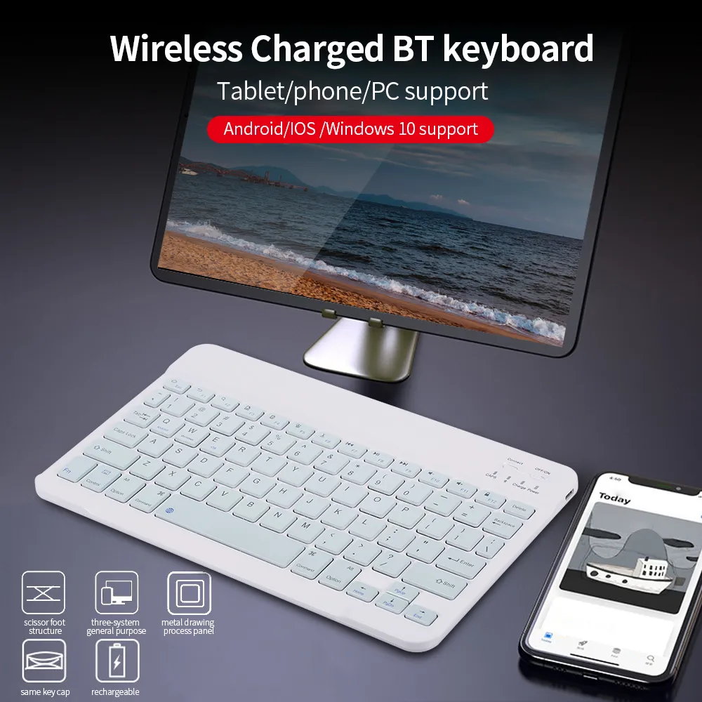 Teclado inalámbrico blanco lila con 78 teclas, diseño compacto y soporte para tablet, teléfono y PC.