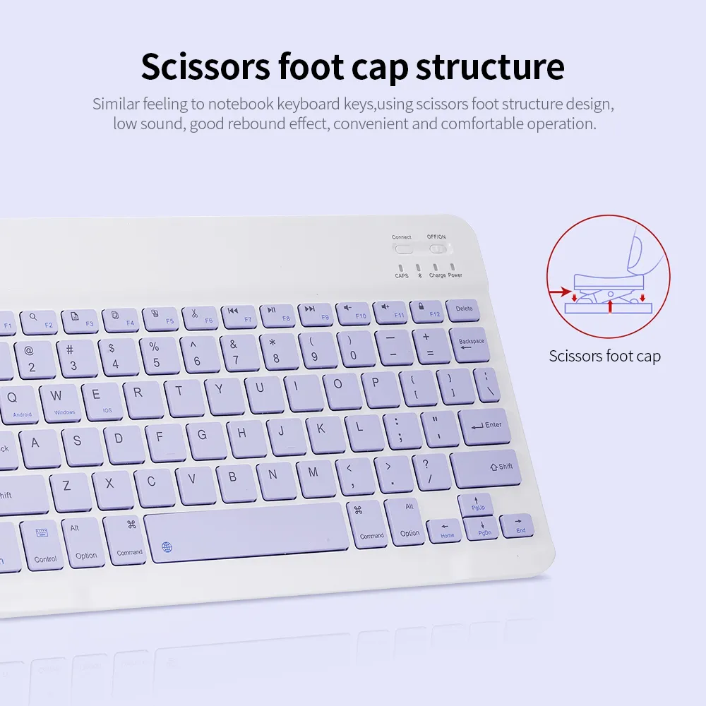 Teclado Bluetooth blanco lila con estructura de tijera en las teclas, diseño compacto y distribución estándar para escritura rápida en múltiples dispositivos.