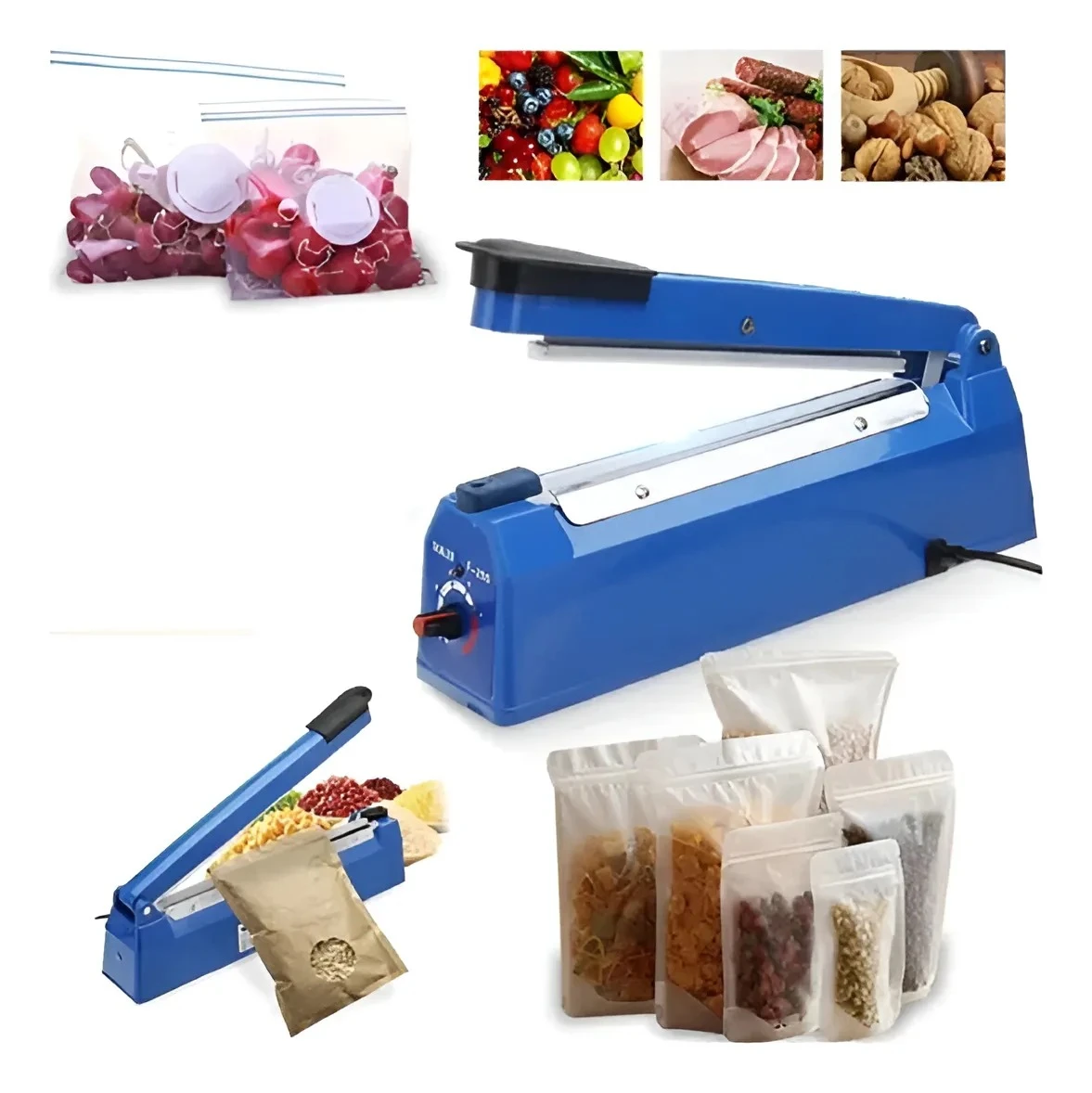 Selladora de bolsas azul con mango negro, de 200 mm, mostrando en uso con bolsas de alimentos selladas y accesorios incluidos.