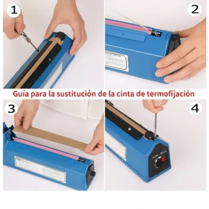 Guía paso a paso para cambiar la cinta de termofijación en una selladora de bolsas azul, mostrando las manos del usuario realizando cada acción con precisión.