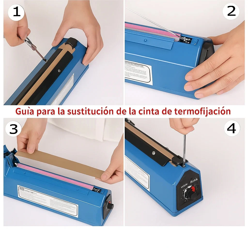 Guía paso a paso para cambiar la cinta de termofijación en una selladora de bolsas azul, mostrando las manos del usuario realizando cada acción con precisión.