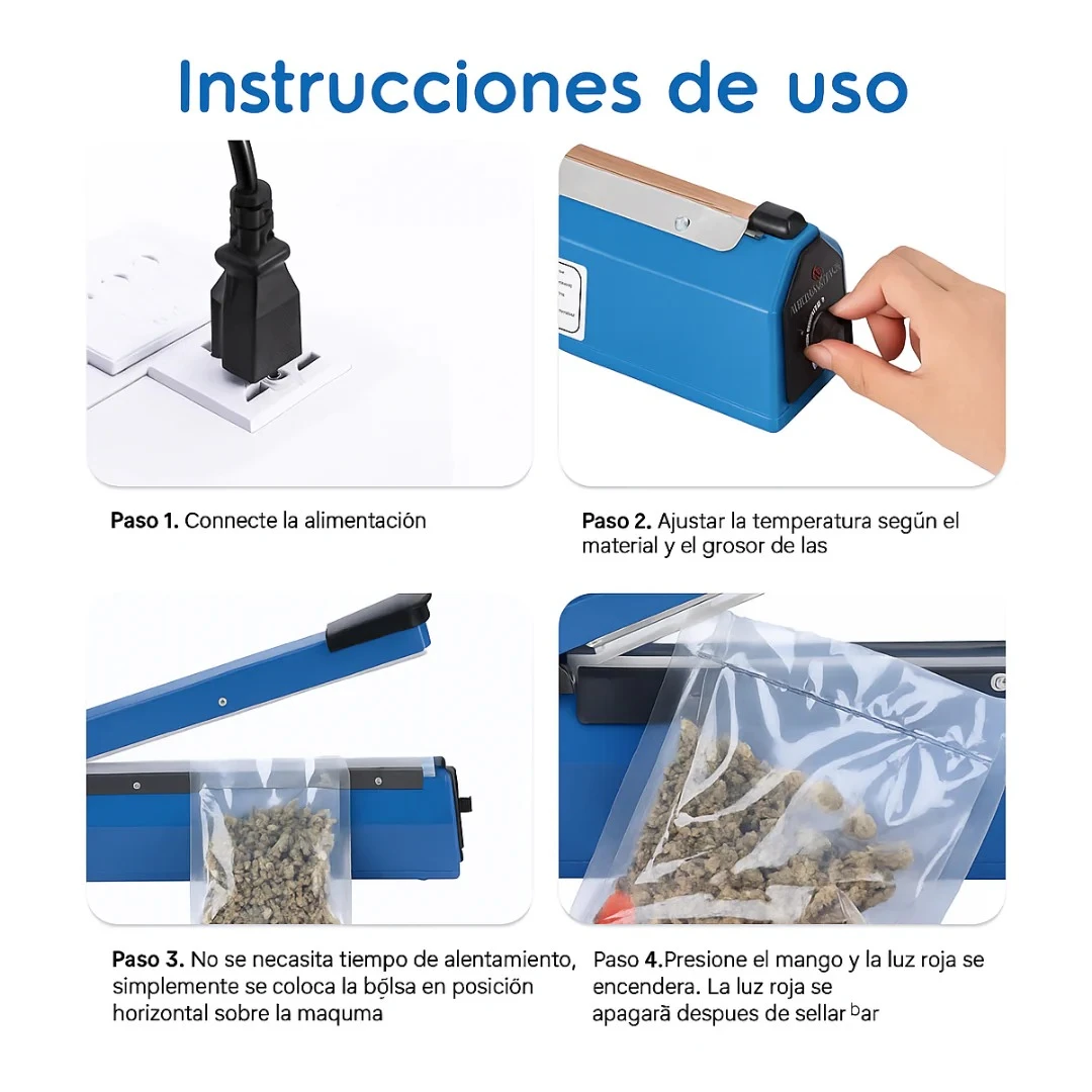 Guía de uso de selladora de bolsas azul con mango negro, mostrando conexión eléctrica, ajuste de temperatura, colocación de bolsa con alimentos y cierre manual.