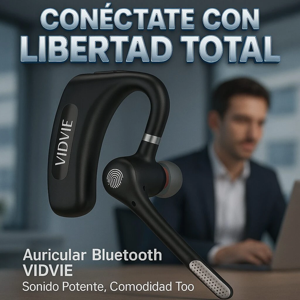 Auricular inalámbrico negro Vidvie QW14 con micrófono integrado y diseño ergonómico para uso ejecutivo y conducción.