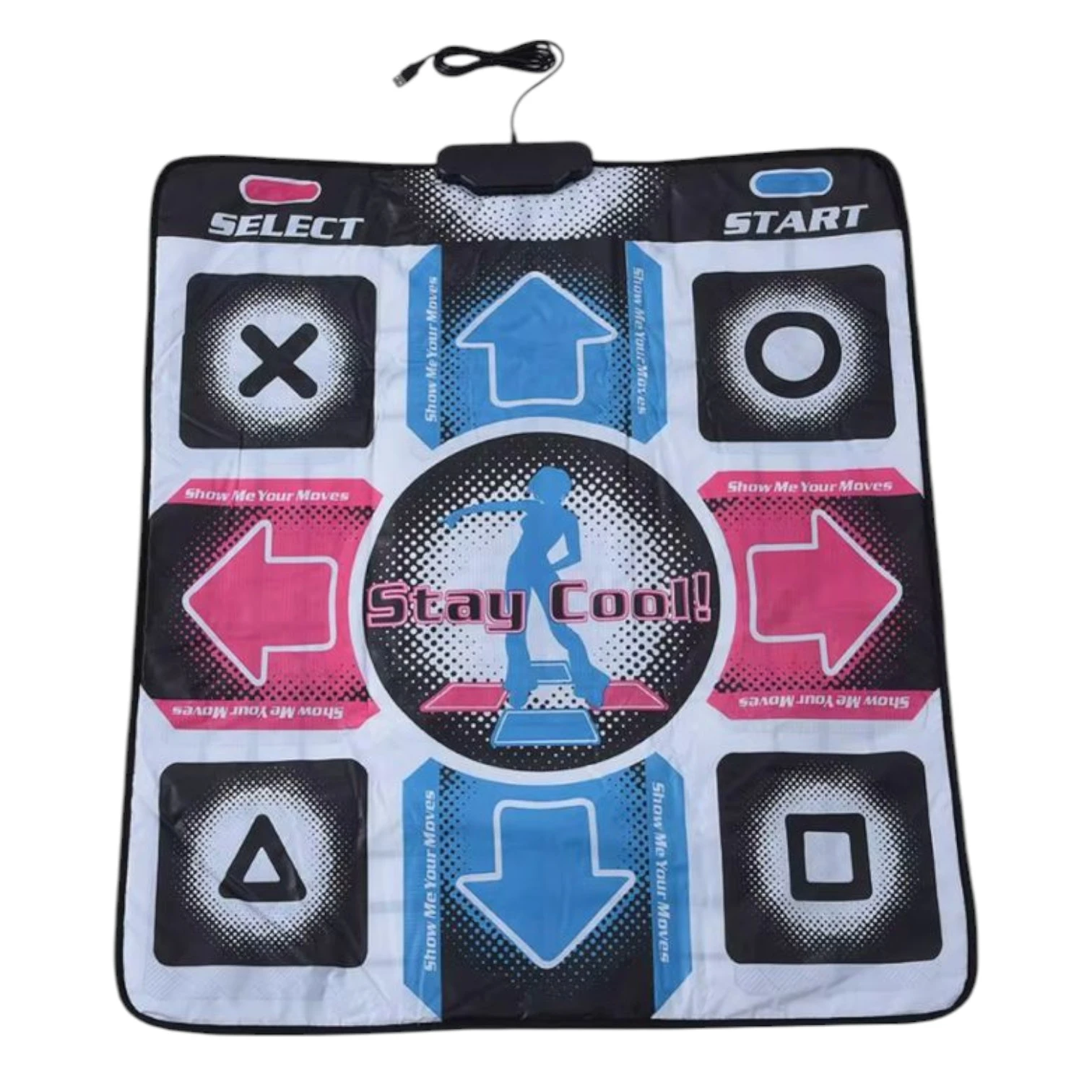Tapete de baile interactivo con botones direccionales y símbolos, diseño negro y blanco con detalles en azul y rosa, ideal para videojuegos de ritmo.