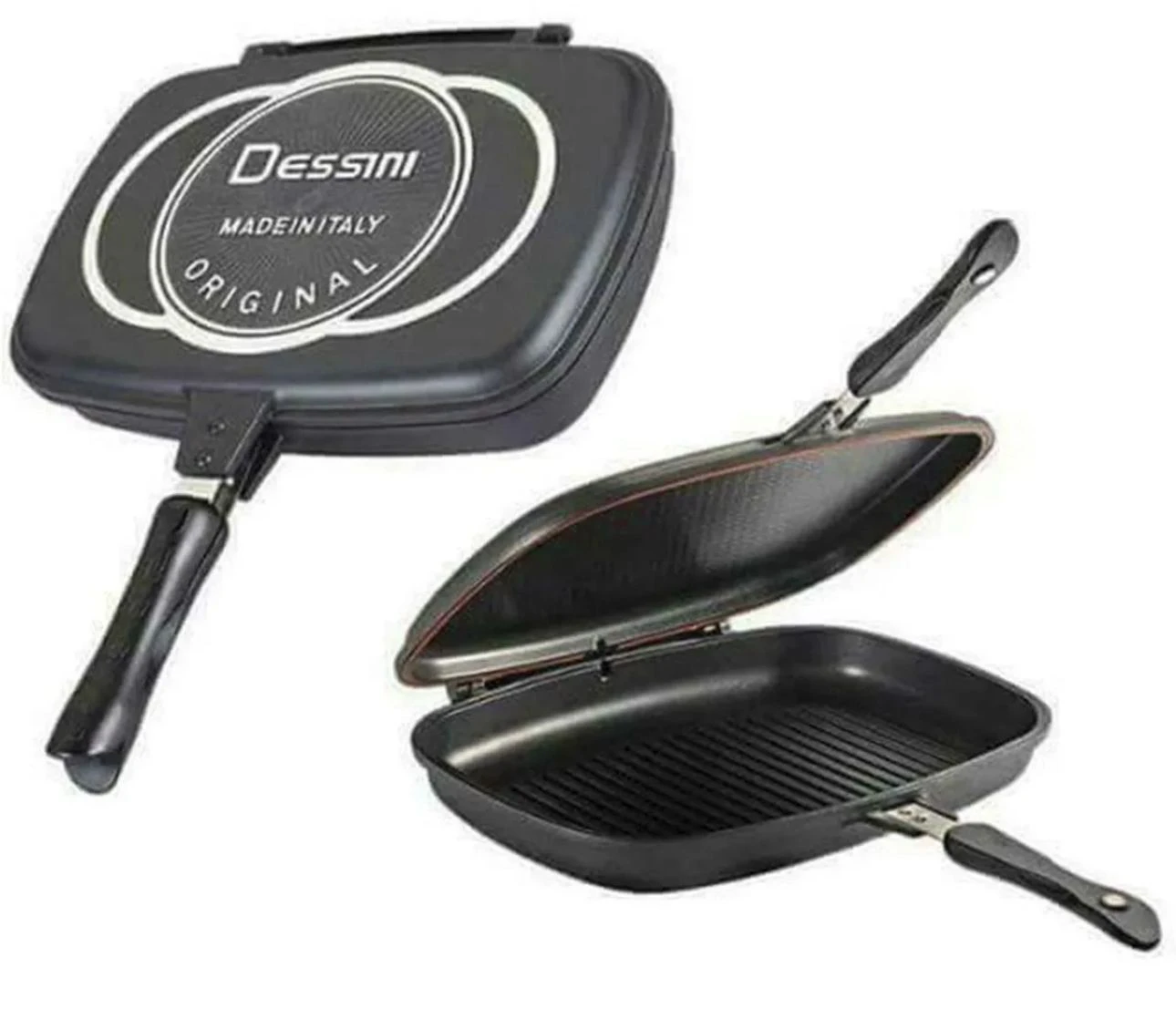 Sarten doble parrilla aluminio antiadherente Dessini, abierto y cerrado, con asas negras y superficie de parrilla visible.