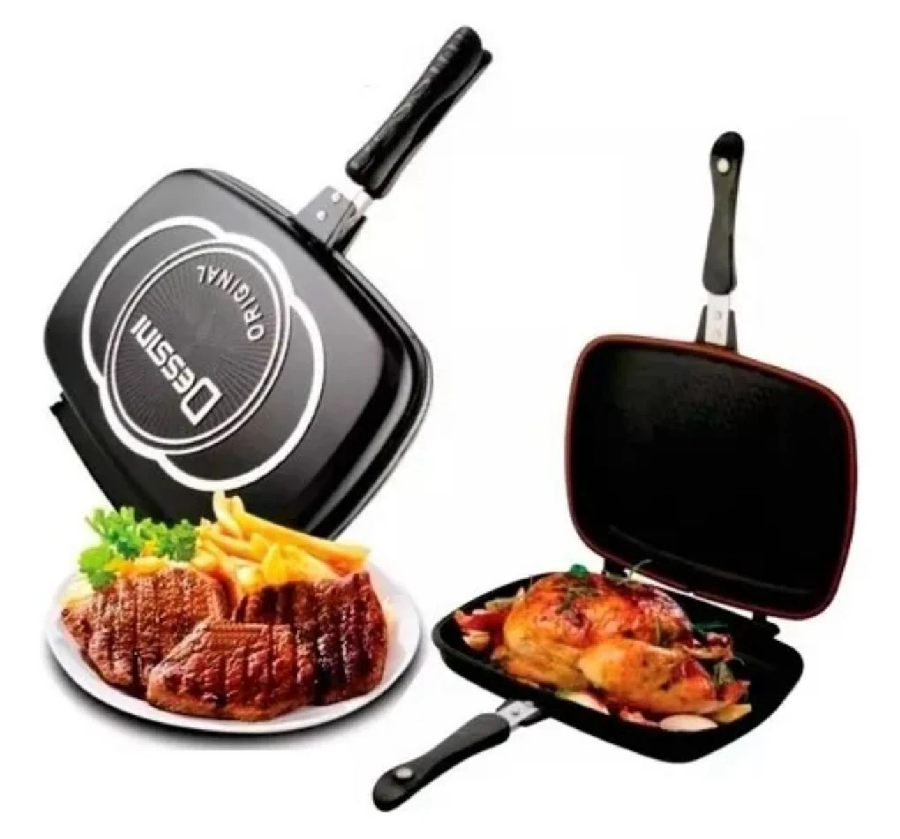 Sarten parrilla cuadrada negra con mango, abierta mostrando carne asada y pollo en su interior; versión cerrada con logo visible.