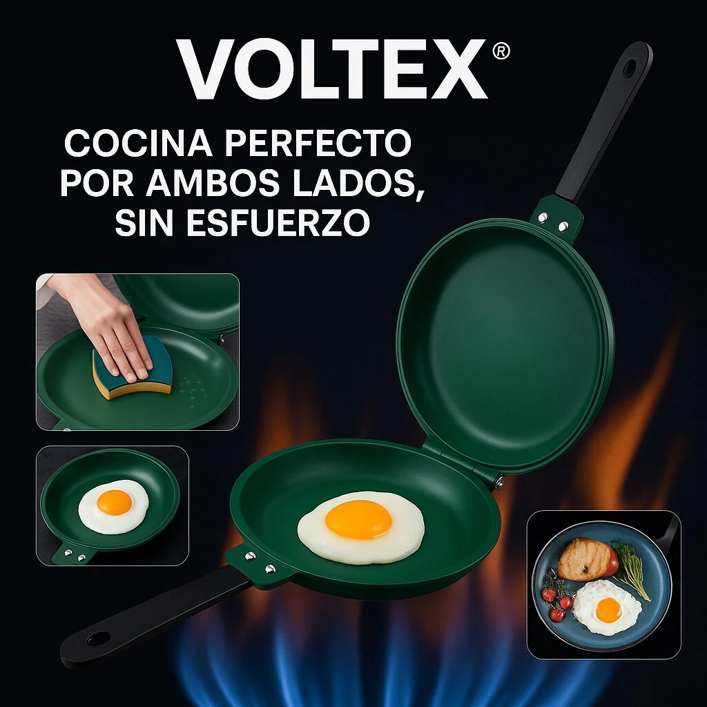 Sartén verde antiadherente doble cara con huevo cocido en el centro, manija negra y llamas azules debajo; incluye detalles de uso y plato final con comida.